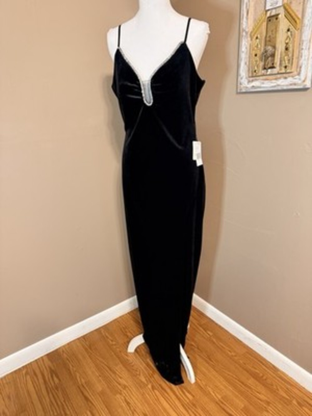 Black Velvet Rhinestone Trim Maxi Gown Dress with Adjustable Straps & V-Neck